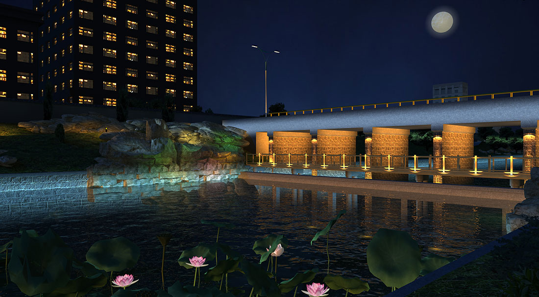 效果圖展示 山東省棗莊市市中區西沙河沿河景觀生態長廊夜景燈光工程設計